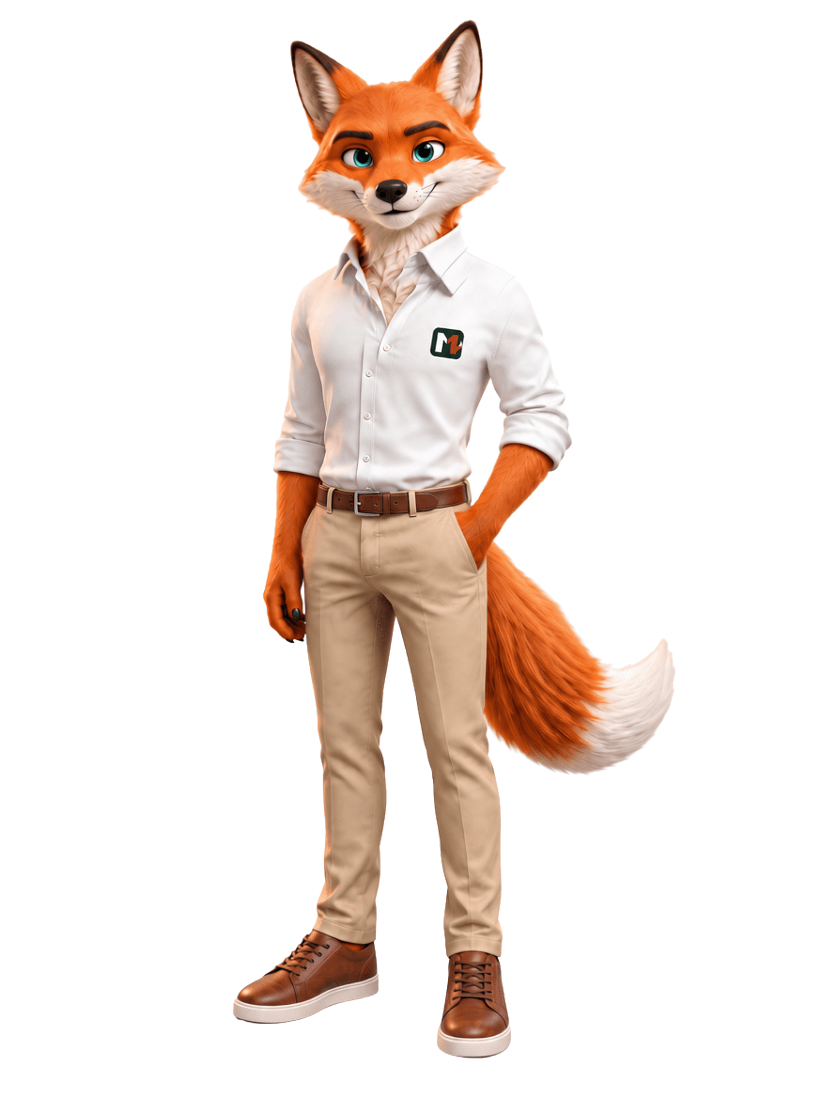 Raposa executiva, mascote do Tem Margem, vestindo camisa com o logo da marca